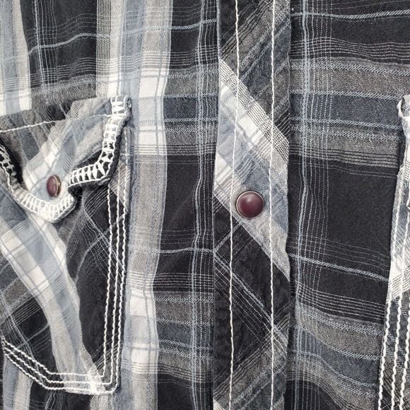 BKE Slim Fit Large Snap Button Gray Plaid Long Sleeve Shirt Double Pockets - Picture 4 of 10